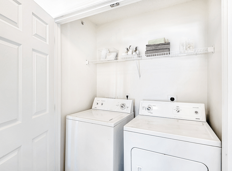 Virtually staged Utility Closet with White Wire Shelf Over Full Sized Washer and Dryer